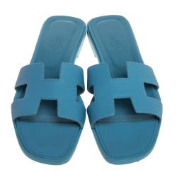 مملوكة مسبقًا Hermes Light Blue Leather Oran Flat Sandals Size 40
