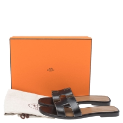 Hermes Black Leather Oran Flat Slides Size 39.5