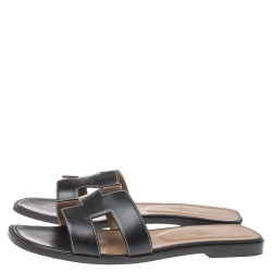 Hermes Black Leather Oran Flat Slides Size 39.5