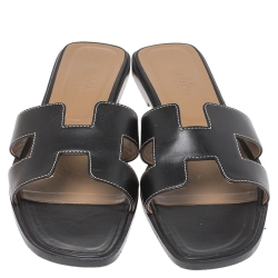 Hermes Black Leather Oran Flat Slides Size 39.5