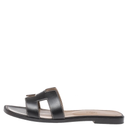 Hermes Black Leather Oran Flat Slides Size 39.5