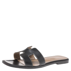 Hermes Black Leather Oran Flat Slides Size 39.5