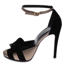Hermes Black/Grey Suede and Leather Highlight Ankle Strap Sandals Size 40