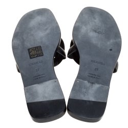 Hermes Black Leather Omaha Flat Slides Size 37