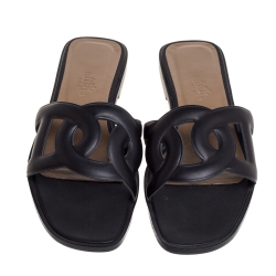 Hermes Black Leather Omaha Flat Slides Size 37