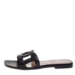 Hermes Black Leather Omaha Flat Slides Size 37