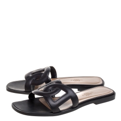 Hermes Black Leather Omaha Flat Slides Size 37