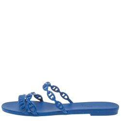 Pre Owned Hermes Blue Rubber Chain-Link Accents Slide Sandals Size 40