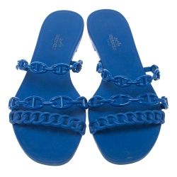 Pre Owned Hermes Blue Rubber Chain-Link Accents Slide Sandals Size 40