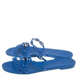 Pre Owned Hermes Blue Rubber Chain-Link Accents Slide Sandals Size 40