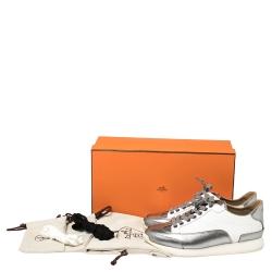 Pre Owned Hermes Metallic Silver/White Leather H Sneakers Size 39