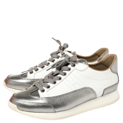 Pre Owned Hermes Metallic Silver/White Leather H Sneakers Size 39