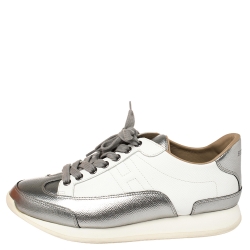 Pre Owned Hermes Metallic Silver/White Leather H Sneakers Size 39