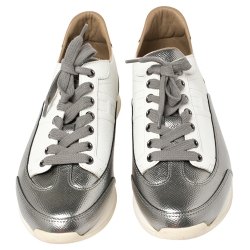 Pre Owned Hermes Metallic Silver/White Leather H Sneakers Size 39