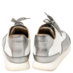 Pre Owned Hermes Metallic Silver/White Leather H Sneakers Size 39