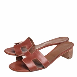 Pre Owned Hermes Brown Leather Oasis Sandals Size 42