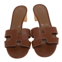 Hermes Brown Leather Oasis Slide Sandals Size 38