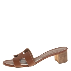 Hermes Brown Leather Oasis Slide Sandals Size 38