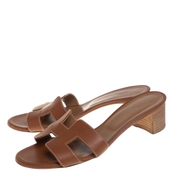 Hermes Brown Leather Oasis Slide Sandals Size 38