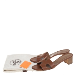 Hermes Brown Leather Oasis Slide Sandals Size 38