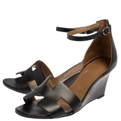 Pre Owned Hermes Black Leather Legend Ankle Strap Sandals Size 42