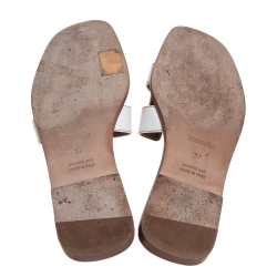 Pre Owned Hermes White Leather Oran Flat Slides Size 37