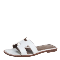 Pre Owned Hermes White Leather Oran Flat Slides Size 37
