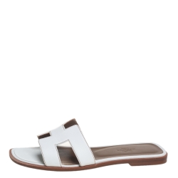 Pre Owned Hermes White Leather Oran Flat Slides Size 37
