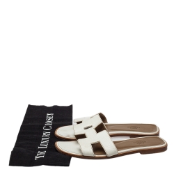 Hermes White Leather Oran Flats Sandals Size 37