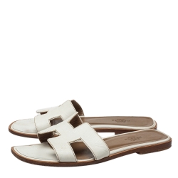 Hermes White Leather Oran Flats Sandals Size 37