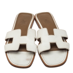 Hermes White Leather Oran Flats Sandals Size 37