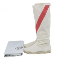 Hermes White Canvas Espadrilles Knee Boots Size 37