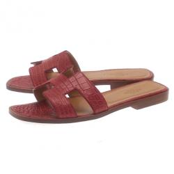 مملوكة مسبقًا صندل هيرمس جلد تمساح أحمر منقوش أوران بوكس مقاس 37