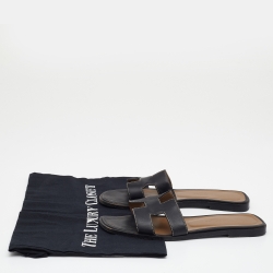 Hermes Black Leather Oran Flat Slide Sandals Size 36