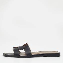 Hermes Black Leather Oran Flat Slide Sandals Size 36