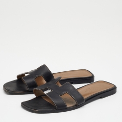 Hermes Black Leather Oran Flat Slide Sandals Size 36