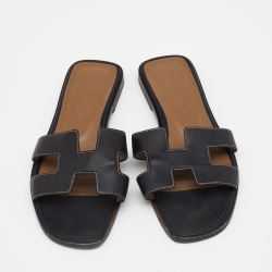 Hermes Black Leather Oran Flat Slide Sandals Size 36