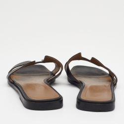 Hermes Black Leather Oran Flat Slide Sandals Size 36