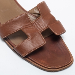 Pre Owned Hermes Brown Leather Oran Flat Slides Size 41.5