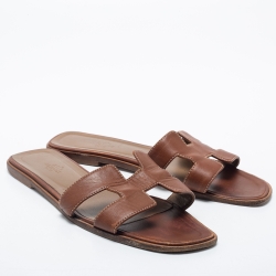 Pre Owned Hermes Brown Leather Oran Flat Slides Size 41.5