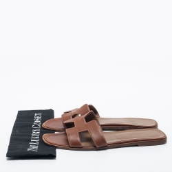 Pre Owned Hermes Brown Leather Oran Flat Slides Size 41.5