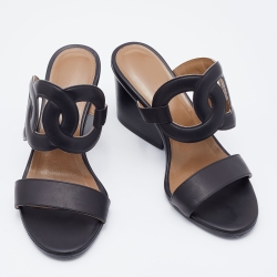 Pre Owned Hermes Black Leather Bikini Slide Sandals Size 36