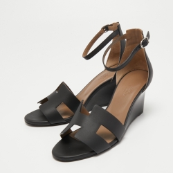 Hermes Black Leather Legend Ankle Strap Sandals Size 38.5