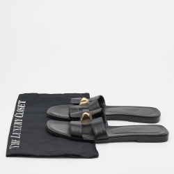 مملوكة مسبقًا Hermes Black Leather Oran Embellished Flat Slides Size 38