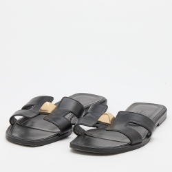 مملوكة مسبقًا Hermes Black Leather Oran Embellished Flat Slides Size 38