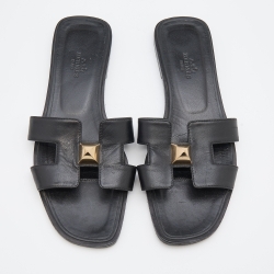 مملوكة مسبقًا Hermes Black Leather Oran Embellished Flat Slides Size 38