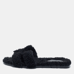 Hermes Black Shearling Fur Oran Flat Slides Size 39