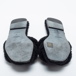 Hermes Black Shearling Fur Oran Flat Slides Size 39