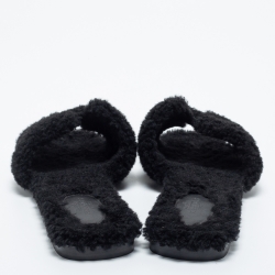 Hermes Black Shearling Fur Oran Flat Slides Size 39
