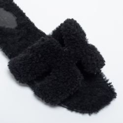 Hermes Black Shearling Fur Oran Flat Slides Size 39